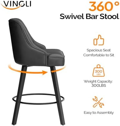 VINGLI 26" H Swivel Barstools Set of 1, PU Leather Upholstered Counter Stool with Back, Kitchen High Chairs Counter Height Bar Stools with Cushion, Solid Wood Legs, Black