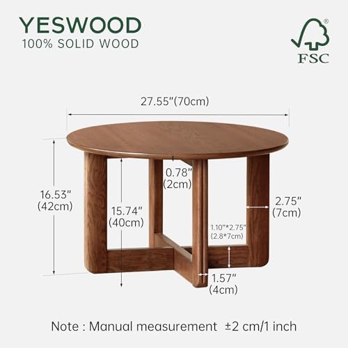100% Solid Oak Wood Round Coffee Table, 2-Tier Small Wood Center Table