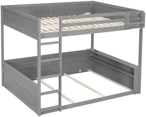 Queen over Queen Bunk Bed with Ladders, Solid Wood Bunk Beds with LED Lights, Built-in Shelves and USB Ports, Floor Bunk Bed Frame for Kids, Boys, Girls, No Spring Box Needed, Gray