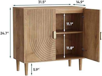 Smuxee Oak Sideboard Cabinet, Freestanding Buffet Cabinet with Line Groove Design, Wood Storage Cabinet with Adjustable Shelf for Living Room, Entryway, Hallway