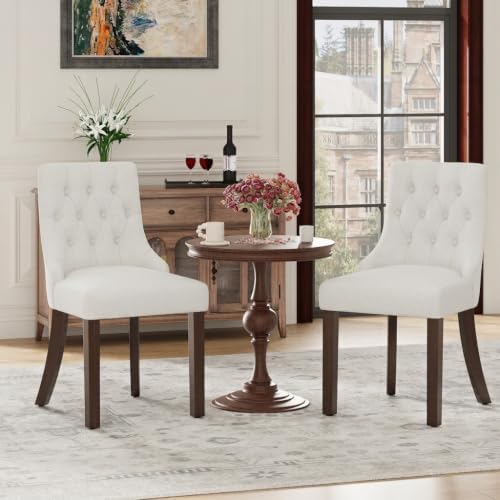 Upholstered Dining Chairs Set of 2, Wingback Dining Room Chairs with Tufted Button, Fabric Dining Chairs with Solid Wood Legs for Dining Room, Kitchen, Apartment，Beige