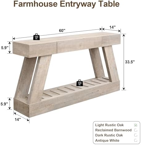 60" Farmhouse Entryway Table, Console Table with Drawer, Narrow Long Wood Sofa Table for Living Room, Wooden Hallway Foyer Table with Heavy Duty Base, Entry Table for Entrance(Light Rustic Oak)