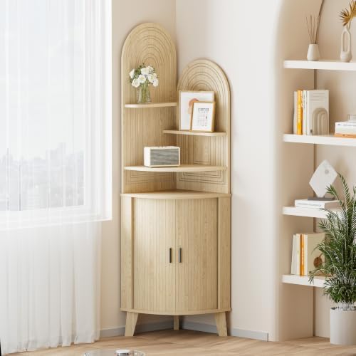 Small Corner Cabinet with Sliding Door and Storage, Tall Corner Bathroom Cabinet for Kitchen, Living Room, Corner Shelf Display Storage Cabinet, Oak