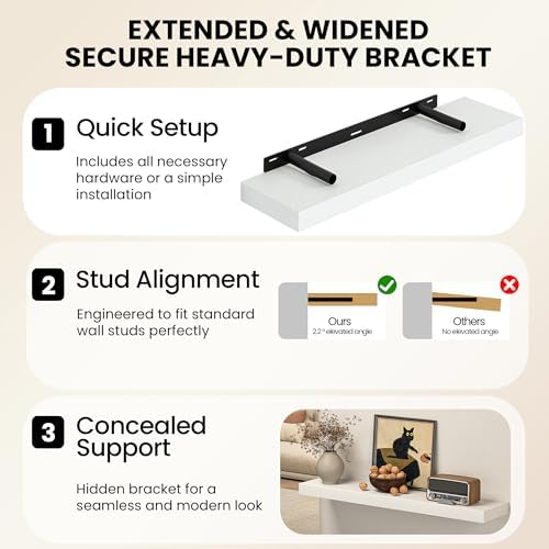 Floating Shelves for Wall, 30 Inch Set of 2 Rustic Wood Wall Shelves with Invisible Brackets, Heavy Duty Storage Display for Living Room Bedroom Kitchen, White
