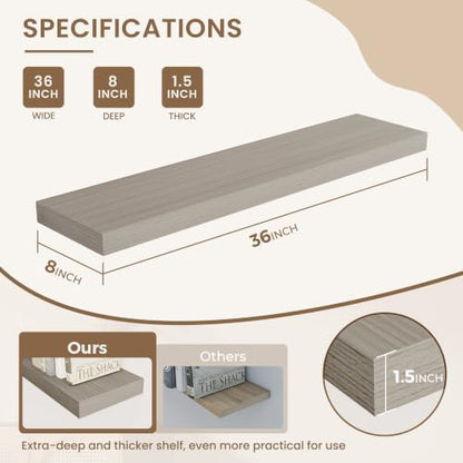 Dreamland 36 Inches Wall Mounted Wood Floating Shelves, Grey, 2 Pack