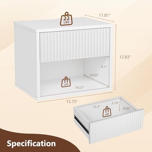 VINGLI Floating Nightstand White Fluted Night Stand 1 Drawer Bed Side Table, Storage Nightstand with Drawers, Wood Night Stand End Table for Bedroom, 15.75" W x 11.81" D x 12.83" H