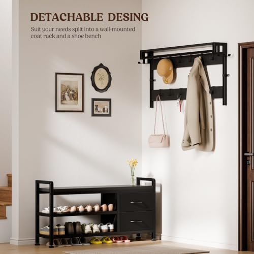 Coat Rack, 39.4” Hall Tree with Shoe Storage Bench, Black