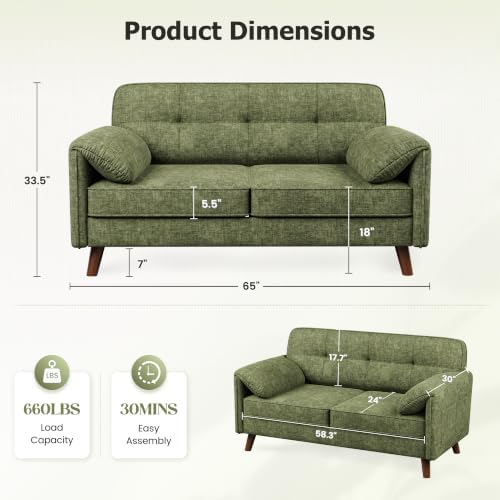 65" Loveseat Sofa, Chenille Loveseat Couch for Living Room with Storage Pockets, 25" Deep Seat Love Seat with Padded Arms, Small Couches for Bedroom, Small Spaces, Home Office, Apartments, Green