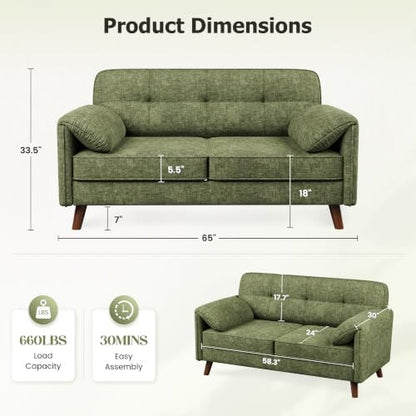 65" Loveseat Sofa, Chenille Loveseat Couch for Living Room with Storage Pockets, 25" Deep Seat Love Seat with Padded Arms, Small Couches for Bedroom, Small Spaces, Home Office, Apartments, Green