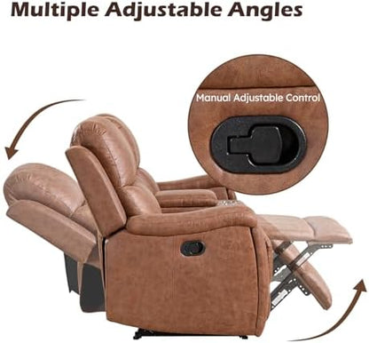 CANMOV Manual Reclining Loveseat with Console,Faux Leather Double Recliner Loveseat Sofa with Hidden Storage and Cup Holders,Manual Recliner Loveseat Couch Set for Living Room,Brown
