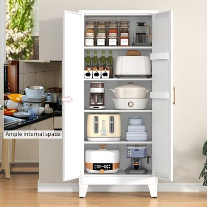 Kitchen Pantry Cabinet, 65.5" Tall Large Metal Storage Cabinets Organizer with 2 Doors & 4 Adjustable Shelves, Wide Cupboard for Dining Living Room Bathroom