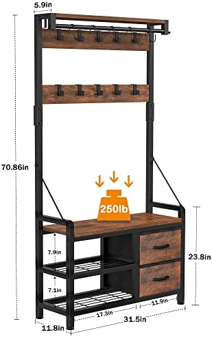 Hall Tree with Shoe Bench for Entryway Coat Rack with Shoe Storage