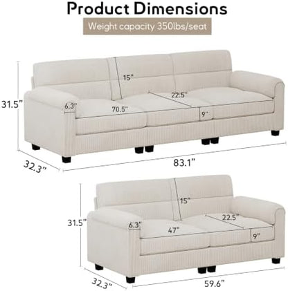 Bonzy Home Loveseat Sofa & 3 Seater Couch, Corduroy, White