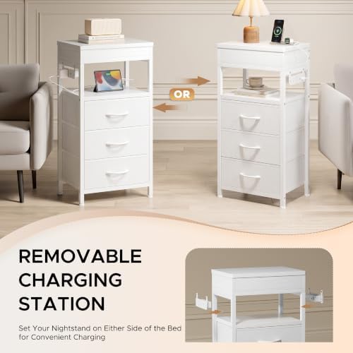 Nightstand with Lockable Hidden Compartment, 3 Drawers, White