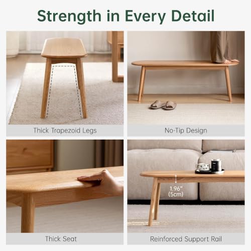 100% Solid Oak Dining Bench, Wood Bench for Bedroom End of Bed with Rounded Corners, Entryway Benches for Dining Room, Kitchen, Living Room (Natural Oak, 47.2")