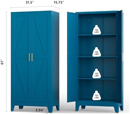 Blue Metal Kitchen Pantry Cabinet, 61" Tall Farmhouse Storage Cabinet with 2 Vintage Barn Doors and 4 Adjustable Shelves, Rustic Freestanding Cupboard for Kitchen,Home Office Living Room,Dining Room