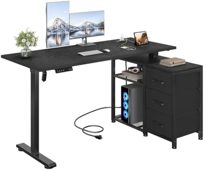 47 Inch L Shaped Desk with 3 Drawers Electric Standing Desks with Storage Computer Table Adjustable Height with Power Outlets 4 Memory Presets for Home Office, Black