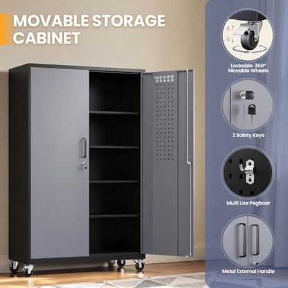 Yizosh Wide&Deep Metal Garage Storage Cabinet,71" Gray Black Tools Cabinets