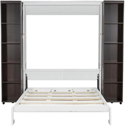 MERITLINE Folding Hidden Queen Murphy Bed Cabinet with Storage Bookcase Bookshelf, Wood Murphy Wall Bed with Storage Shelves Cabinet for Adults (Espresso)