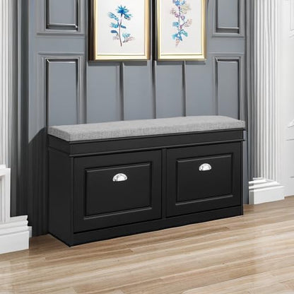 SoBuy Black Storage Shoe Bench with 2 Flip Drawers, Hidden Shoe Bench, Free Standing Shoe Rack, Shoe Cabinet, Hallway Storage Bench with Seat Cushion FSR64-SCH