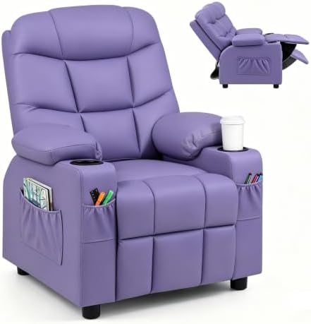 Costzon Kids Recliner Chair with Cup Holder, Adjustable PU Leather Lounge Chair Ages 3-12 w/Side Pockets for Children Boys Girls Room Reading Gaming Relaxing, Toddler Sofa, Kids Recliner (Purple)