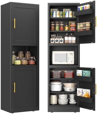 67" Tall Narrow Storage Cabinet, Metal Freestanding Pantry Cabinet with Adjustable Shelves, Multi Door Slim Organizer Fit for Microwave, Kitchen, Bathroom(Black)