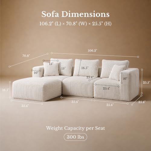 Maywish Modular Boneless Couch 106 in, Sectional Sofa with Chaise Deep Seat
