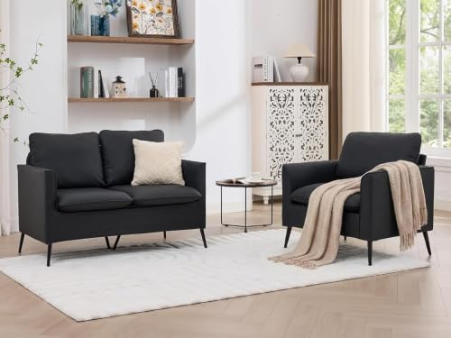 TYBOATLE Leather Loveseat Sofa and Accent Chair Set (Black, 2)