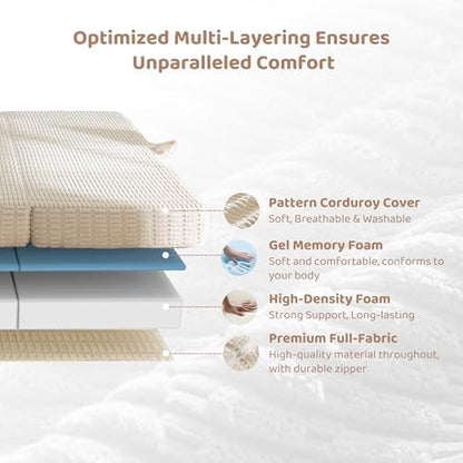 BYBYME Corduroy Memory Foam Tri-Folding Mattress, 6 Inch Gel Folding Mattress Topper, Foldable Soft Guest Bed Camping Pad, with Washable Cover (Beige, Full)