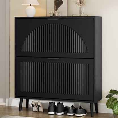 Fluted Black Shoe Cabinet with 2 Flip Drawers, Narrow Wood Shoe Storage Cabinet, Slim Shoe Rack for Entryway, Freestanding Shoe Cabinet for Living Room, Hallway