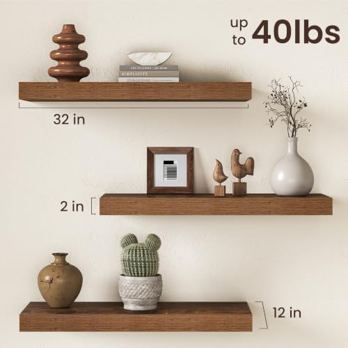 12" Deep Floating Shelves for Wall, Set of 2, 32 Inch Long Wall Shelves, 2" Thick Storage Display Shelves with Invisible Brackets for Living Room Bedroom Kitchen, Rustic Brown