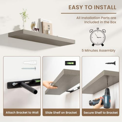 Dreamland 40 Inches Wall Mounted Wood Floating Shelves, Grey, 2 Pack