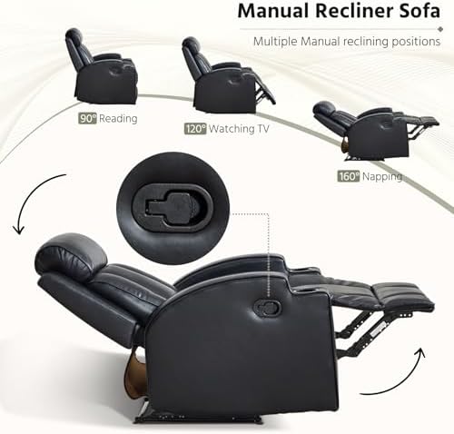 HAOMARKETS Premium PU Leather Manual Recliner Chair for Adults, Overstuffed Recliners with Cup Holders and Padded Backrest, Single Heavy Duty Reclining Sofa for Living Room Bedroom, Black