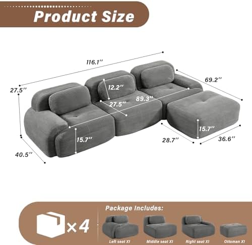 117" Corduroy Modern Sectional Couch, Boneless Couch, Compact sofa, Grey