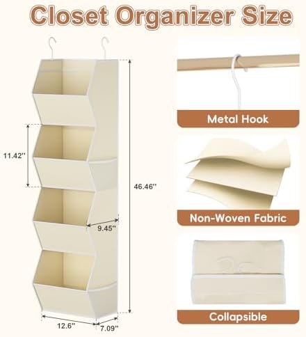 Hanging Closet Organizer 4 Shelf Collapsible Fabric Closet Organizers and Storage Hanging with Mesh Pocket for Clothes, Hanging Wardrobe Organizers and Storage for Sweater T-Shirt Shoes Toys, Beige