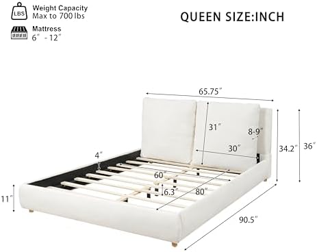 Merax Queen Boucle Upholstered Bed, 2 Removable Headboard Pillows, White