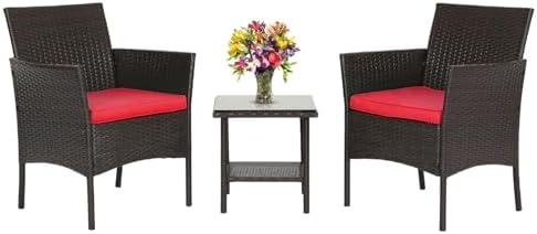 FDW 3-Piece Patio Furniture Set | Brown & Red | Outdoor Wicker Furniture