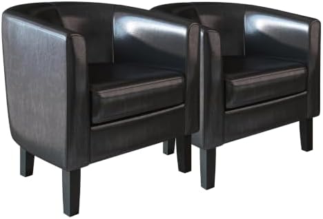 BELLEZE Accent Barrel Chair, Set of 2 Faux Leather Round Club Tub Sofa Corner Chair with Flared Legs and Cozy Soft Padding for Living Room Bedroom Waiting Room - Black