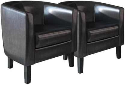 BELLEZE Accent Barrel Chair, Set of 2 Faux Leather Round Club Tub Sofa Corner Chair with Flared Legs and Cozy Soft Padding for Living Room Bedroom Waiting Room - Black