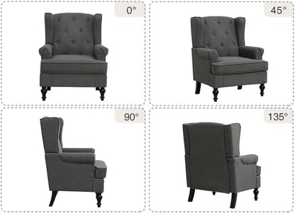 Accent Chair Set of 2, Mid Century Modern Fabric Wingback Chair, Upholstered Armchair with High Back and Vintage Legs, Comfy Single Sofa Side Reading Chair for Living Room Bedroom, Dark Grey
