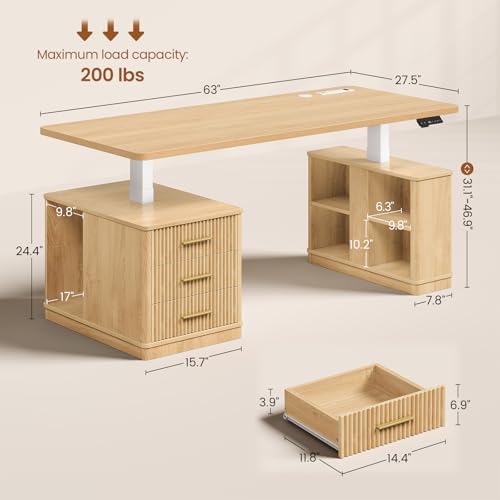 SEDETA 63" Fluted Electric Standing Desk with 3 Drawers, Storage Shelves