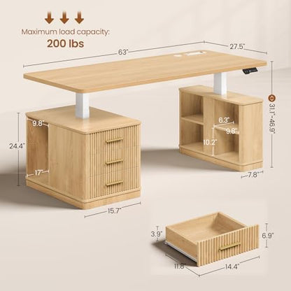 SEDETA 63" Fluted Electric Standing Desk with 3 Drawers, Storage Shelves