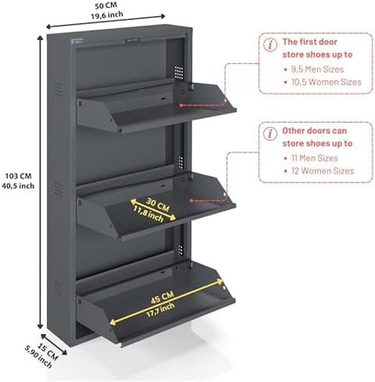 CEHA 3 Tier Metal Shoe Cabinet with Cover, Durable Shoe Storage Organizer for Entryway, Space Saving Shoe Shelf Closet with Side Ventilation Holes, 5.91" x 40.6" x 19.68", Anthracite