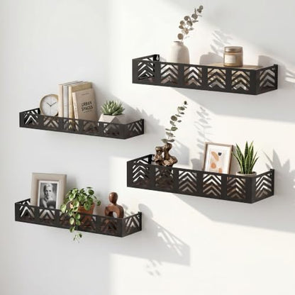 Floating Shelves Set of 4, Home Metal Wood Shelf, Black