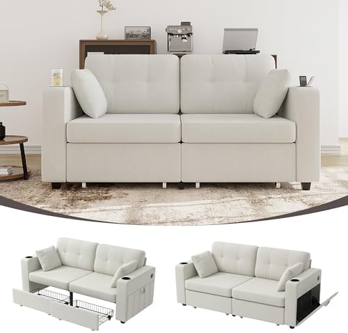 YOPTO 68" 2-seat Sofa, USB Charging, Storage & Cup Holders, Chenille, Beige