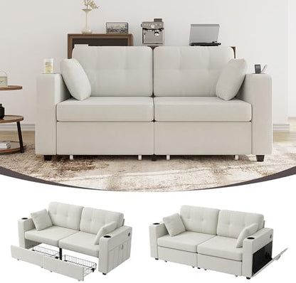 YOPTO 68" 2-seat Sofa, USB Charging, Storage & Cup Holders, Chenille, Beige