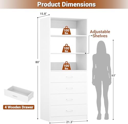 Aheaplus Closet Drawers System, 21.3" Wood Closet Organizer System, White