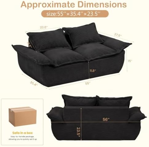 55" Boneless Loveseat Sofa, 2 Seater Deep Seat Couch, Corduroy