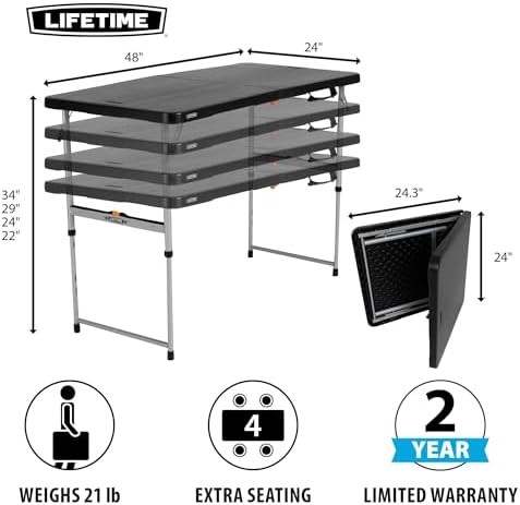 LIFETIME Fold-in-Half Adjustable Folding Table, 4-Foot
