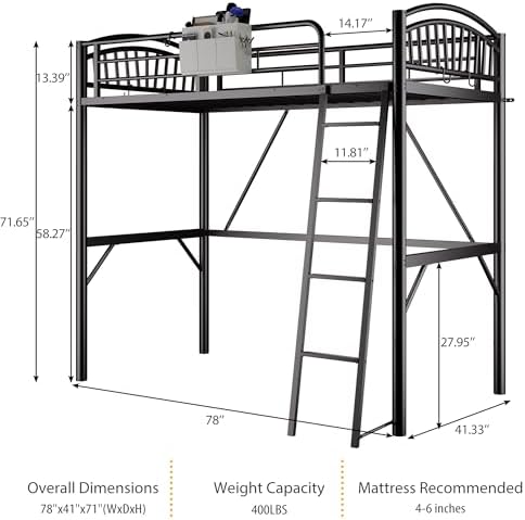 Decofy Metal Loft Bed Twin Size, Heavy Duty Loft Bed with Bedside Caddy, EVA Anti-Slip Ladder with Sturdy Guardrails, Space-Saving Twin Size Loft Bed for Teens & Adults for Bedroom Dorm (Dark Black)
